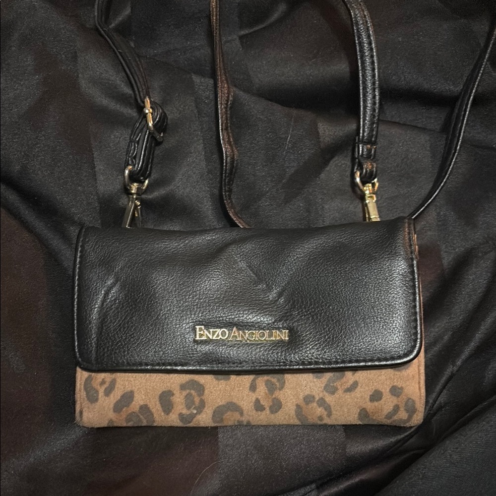 Enzo Angiolini Black and Brown Leopard Print Crossbody Bag